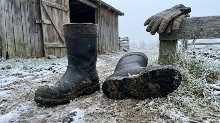 Pair of black rubber boots on icy, muddy ground near a wooden shed with gloves resting on a fence in a frosty, rural setting.