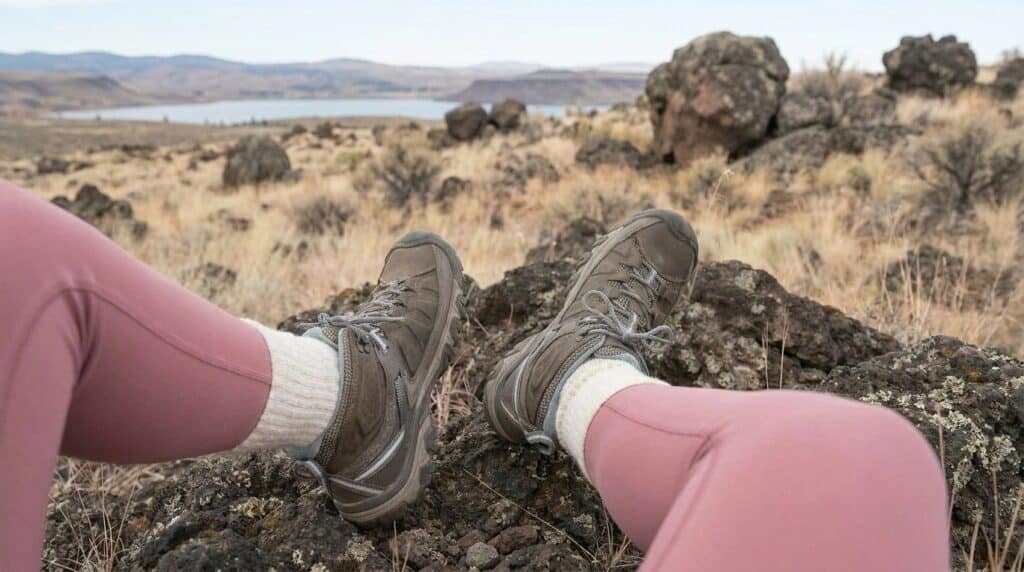 Close-up of hiking boots worn on rocky outdoor trail with dry grass and distant hills in background.
