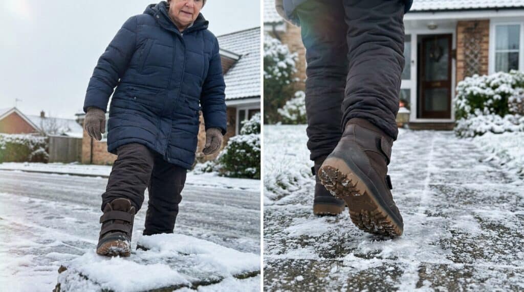 Elderly person wearing warm insulated boots stepping onto a snowy icy path, showcasing tread for traction.