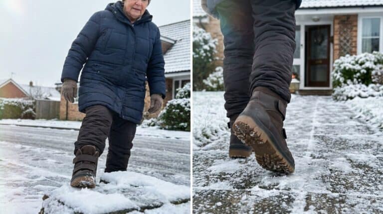 Elderly person wearing warm insulated boots stepping onto a snowy icy path, showcasing tread for traction.