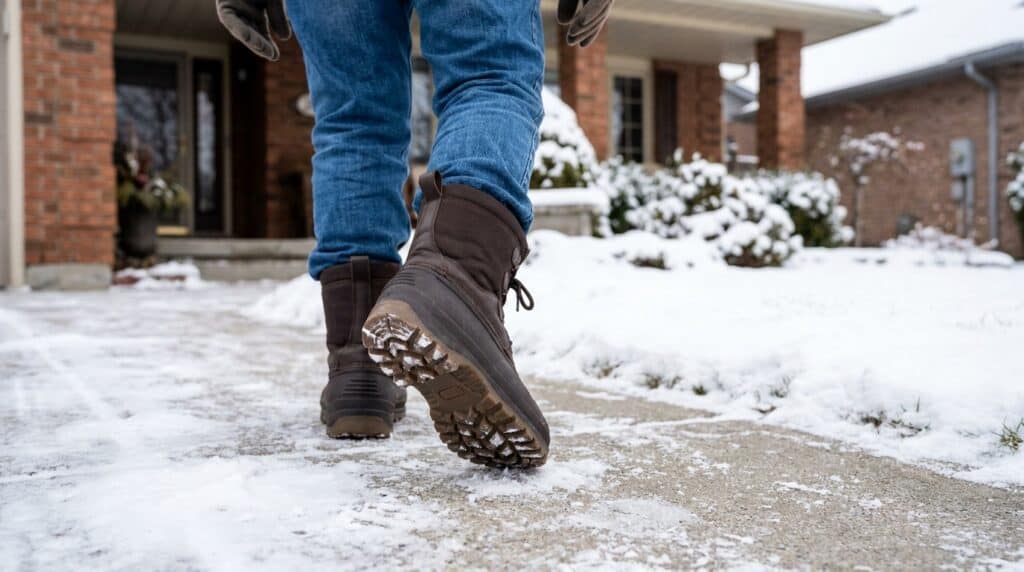 Close-up of a person wearing brown winter boots walking on a snowy sidewalk in front of a brick house, showcasing tread for traction on ice.