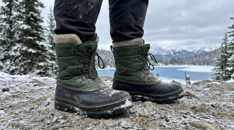 Sturdy green Pac boots worn outdoors on a snowy rocky terrain by a cold lake with pine trees and mountains in the distance.