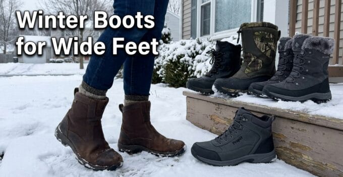 A person wearing winter boots standing on snow with three pairs of wide-fit winter boots displayed on a wooden step, suitable for wide feet in winter.