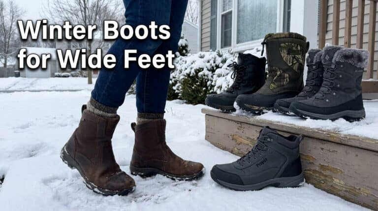A person wearing winter boots standing on snow with three pairs of wide-fit winter boots displayed on a wooden step, suitable for wide feet in winter.