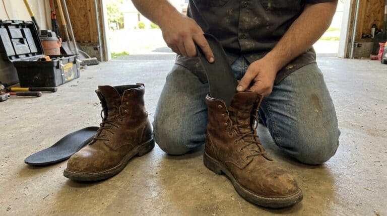 A person kneeling in a garage installing insoles into a pair of rugged work boots for added comfort and support.